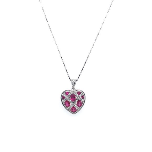 Ruby and Diamond 14KT White Gold Heart Pendant 18" Necklace - Picture 2 of 3
